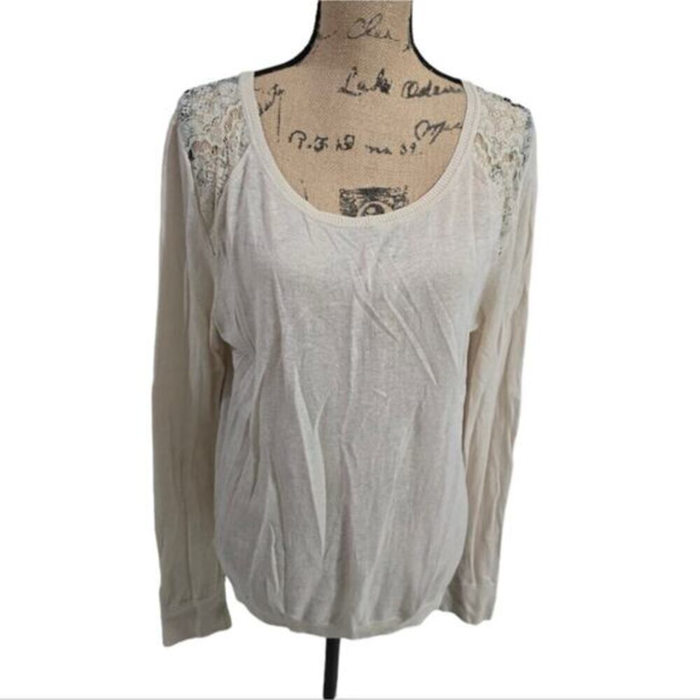 Loft Beige Linen Blend Lightweight Lace Trimmed Sweater Size XL